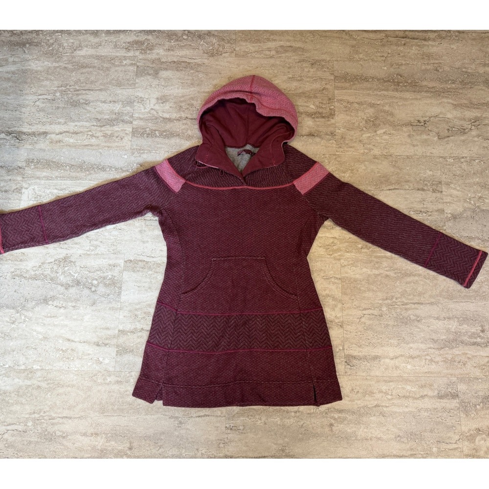 Prana Womens Burgundy Chevron Knit Hooded Tunic Sweater Button Neck Small